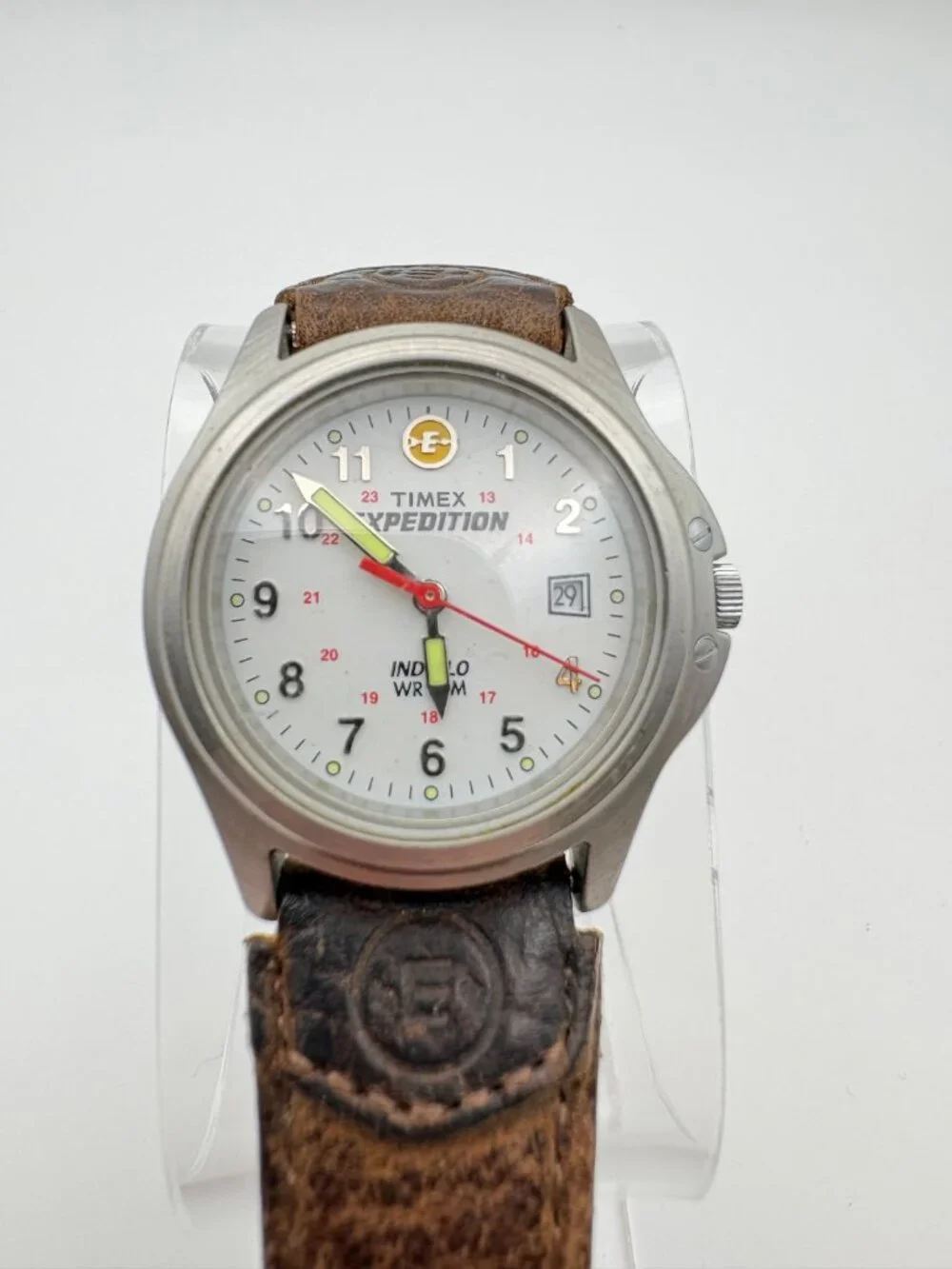 Timex Expedition Indiglo Mens Watch White Dial Leather Strap WR 50M Date Working
